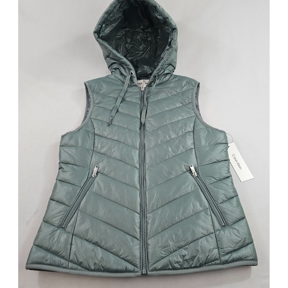 Calvin Klein vest jacket hoodie womens S Small green pockets zip puffer $129